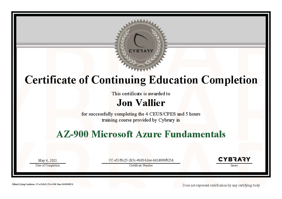 Finished “AZ-900 Microsoft Azure Fundamentals” on Cybrary.it