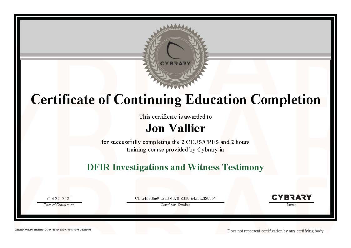 Finished “DFIR Investigations and Witness Testimony” on Cybrary.it