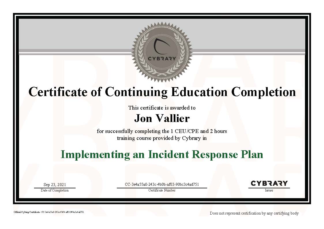 Finished “Implementing an Incident Response Plan” on Cybrary.it