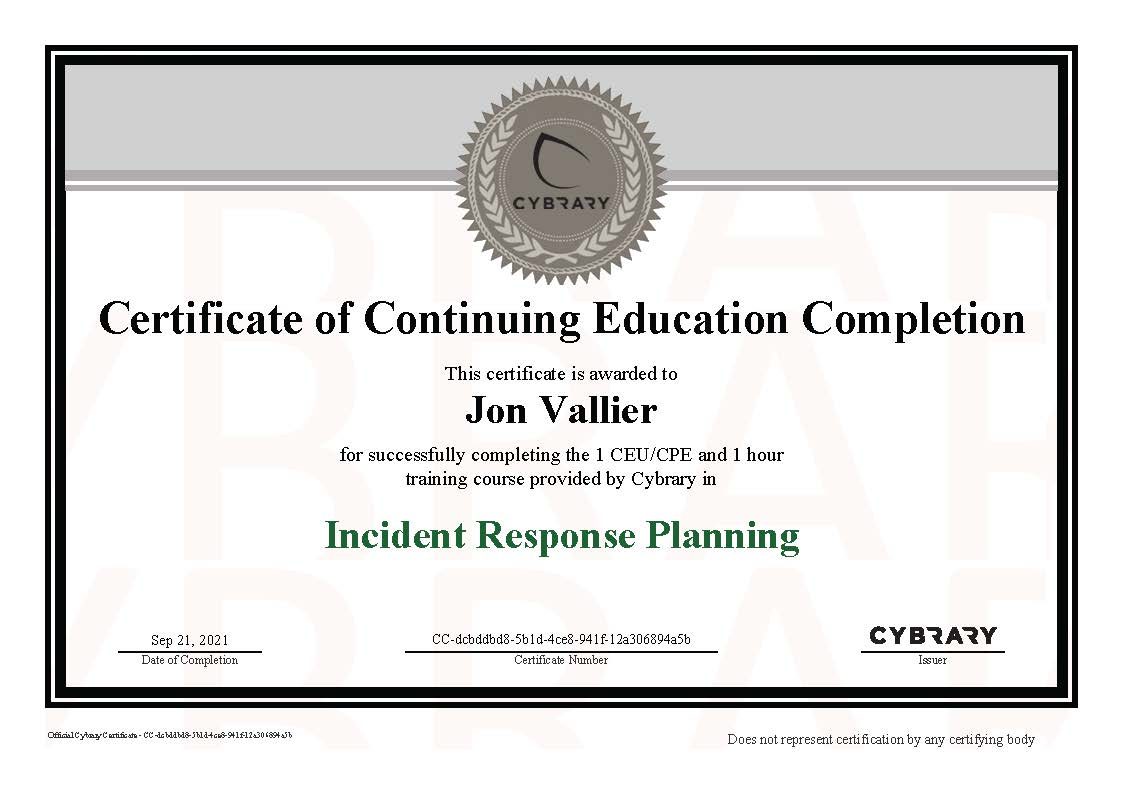 Finished “Incident Response Planning” on Cybrary.it