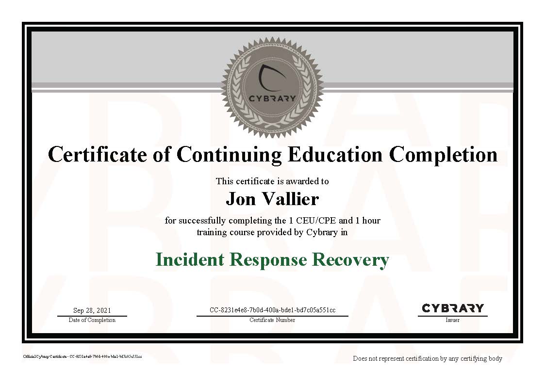 Finished “Incident Response Recovery” on Cybrary.it