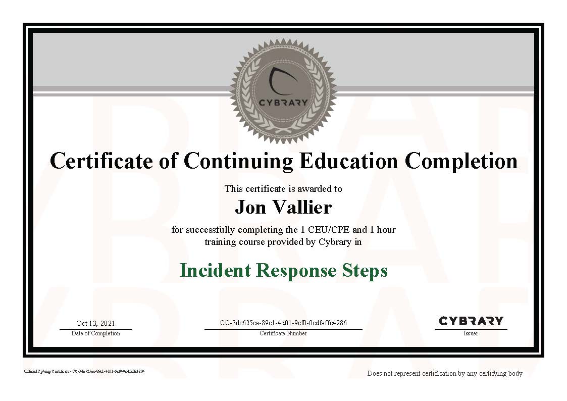 Finished “Incident Response Steps” on Cybrary.it