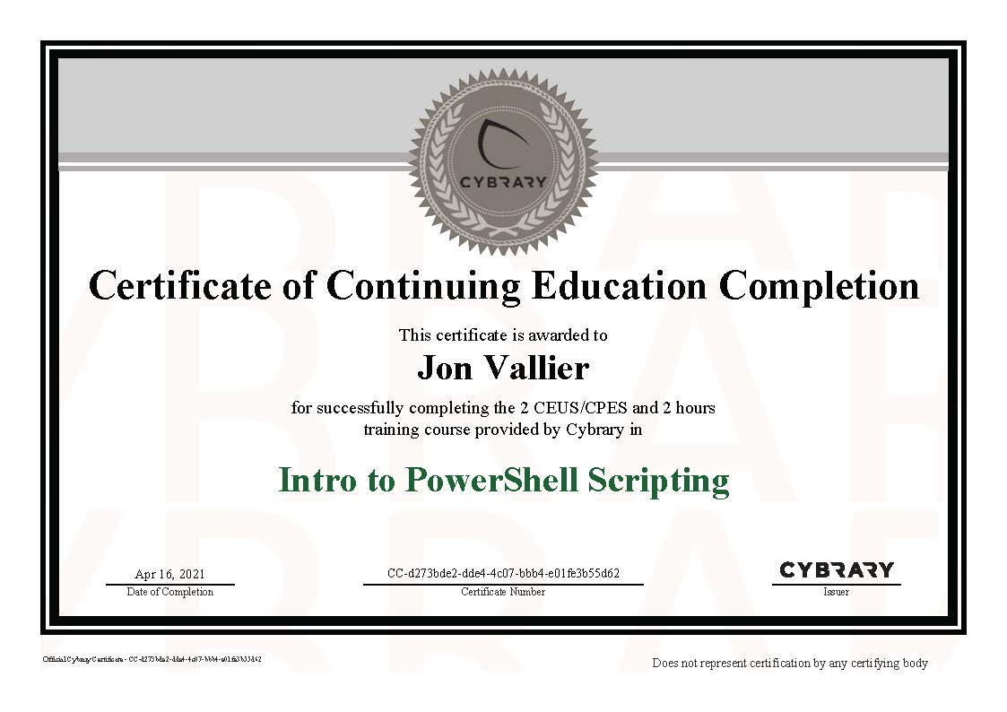 Finished “Intro to PowerShell Scripting” on Cybrary.it