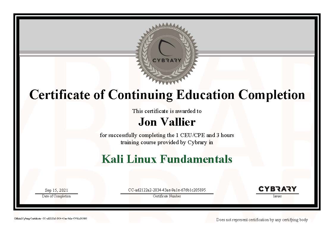 Finished “Kali Linux Fundamentals” on Cybrary.it