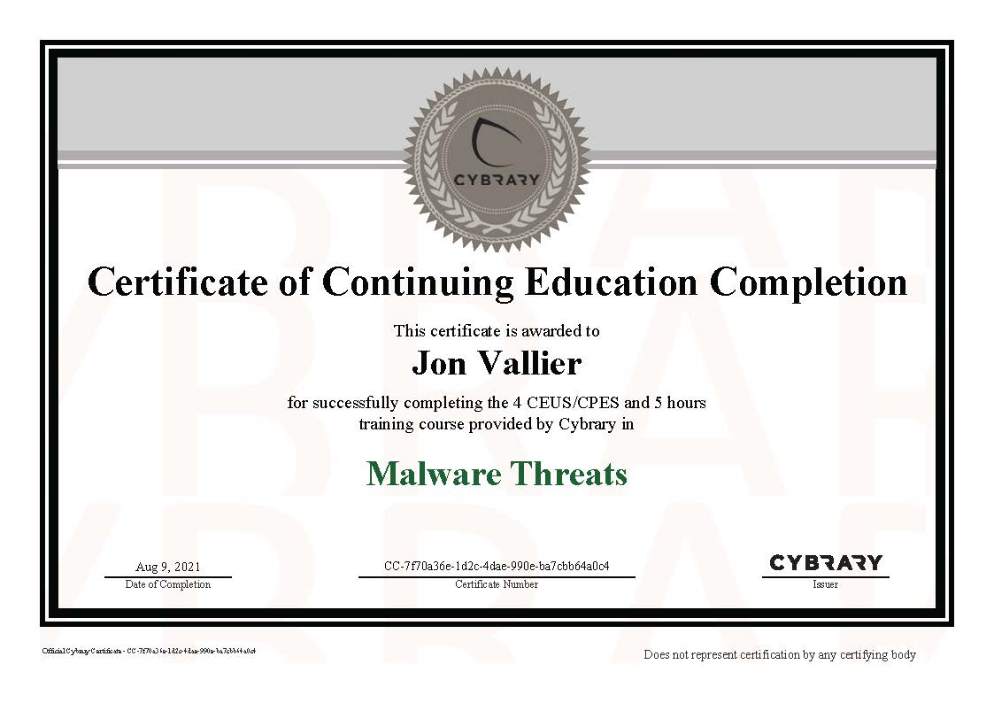 Finished “Malware Threats” on Cybrary.it