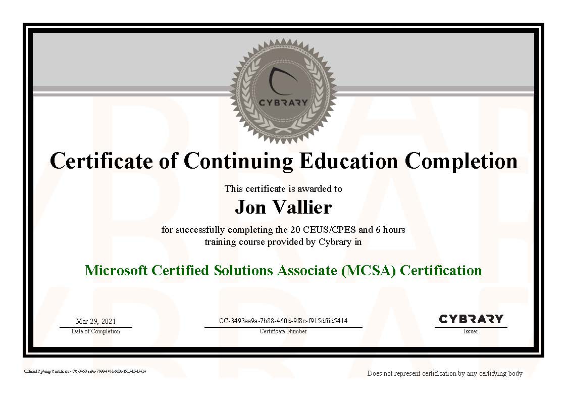 Finished “Microsoft Certified Solutions Associate (MCSA) Certification” on Cybrary.it