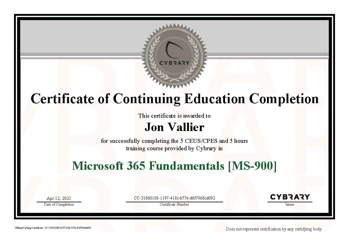 Finished “Microsoft 365 Fundamentals [MS-9000]” on Cybrary.it