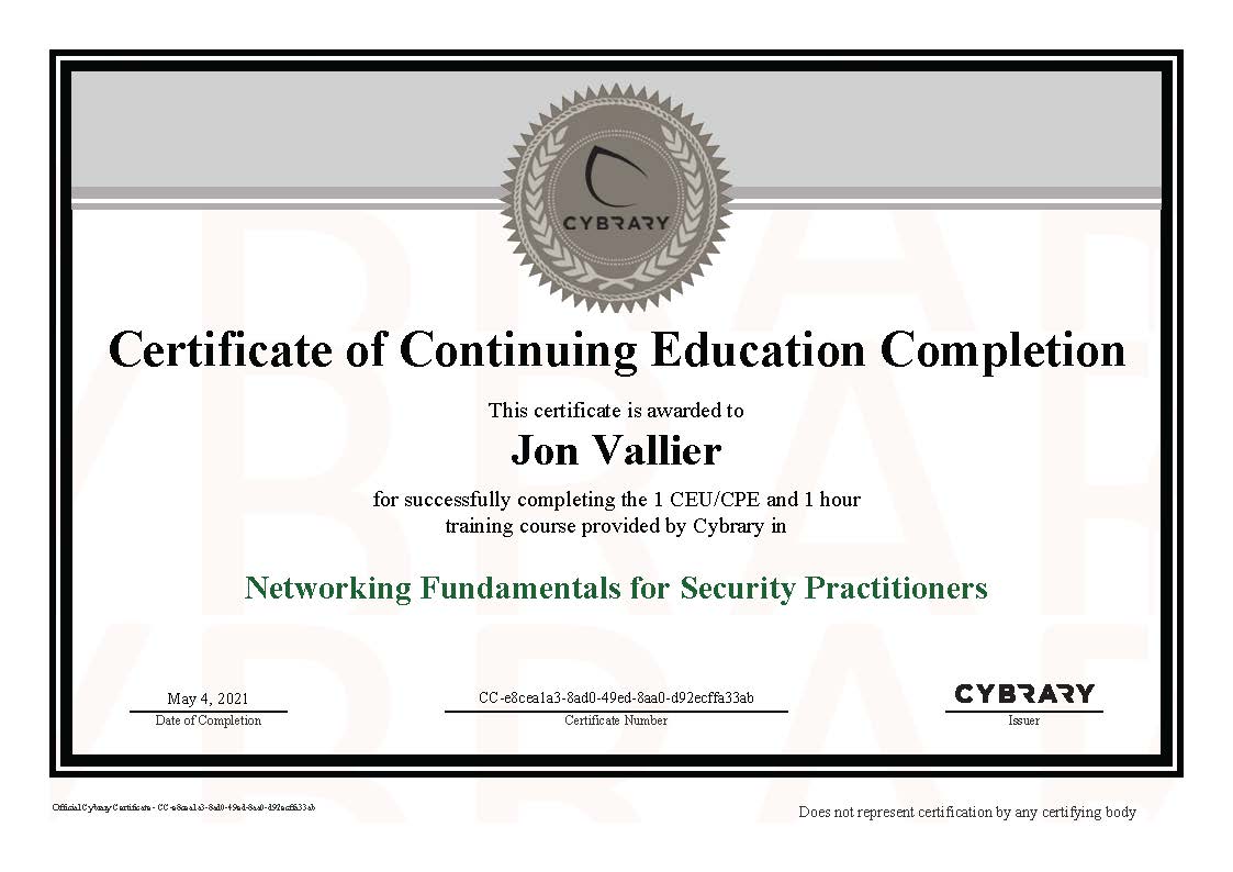 Finished “Networking Fundamentals for Security Practitioners” on Cybrary.it