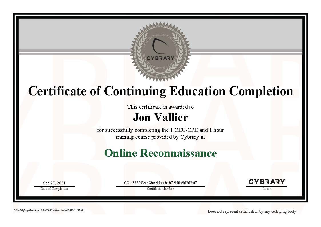 Finished “Online Reconnaissance” on Cybrary.it