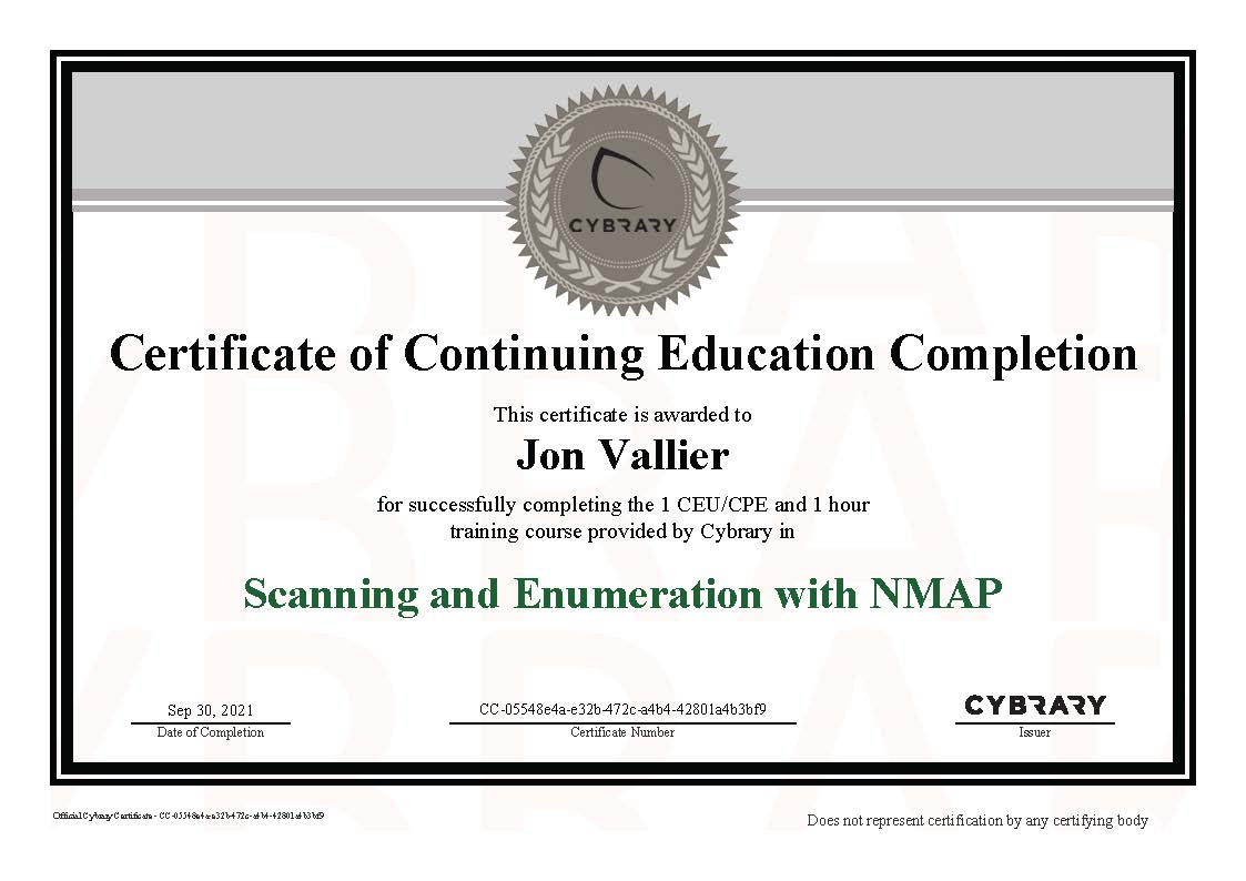 Finished “Scanning and Enumeration with NMAP” on Cybrary.it