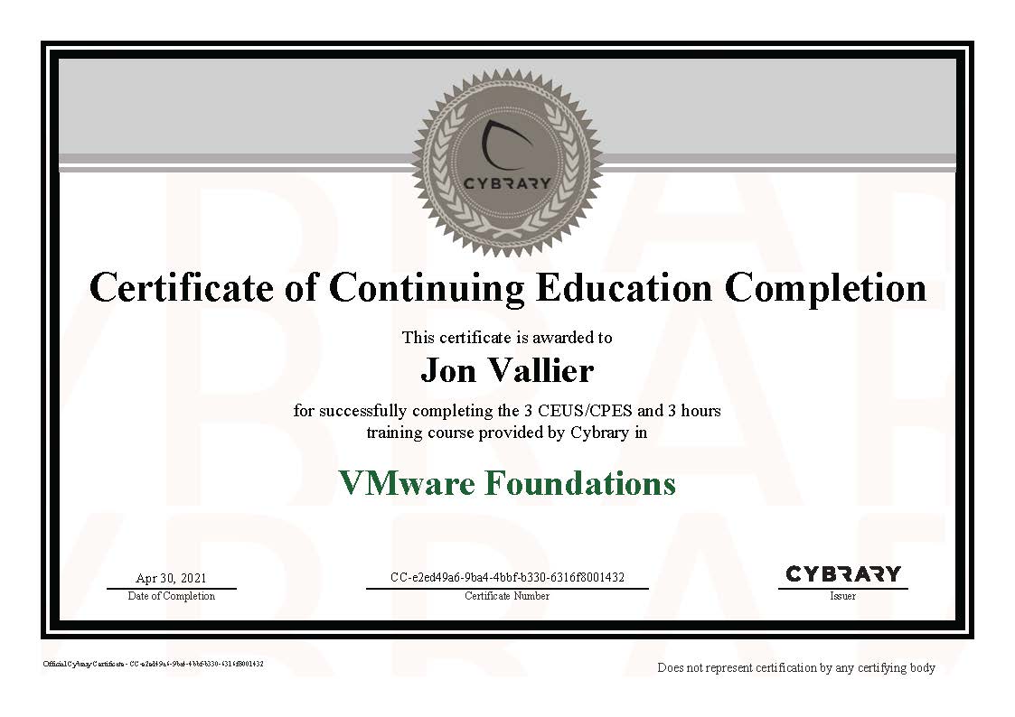 Finished “VMware Foundations” on Cybrary.it