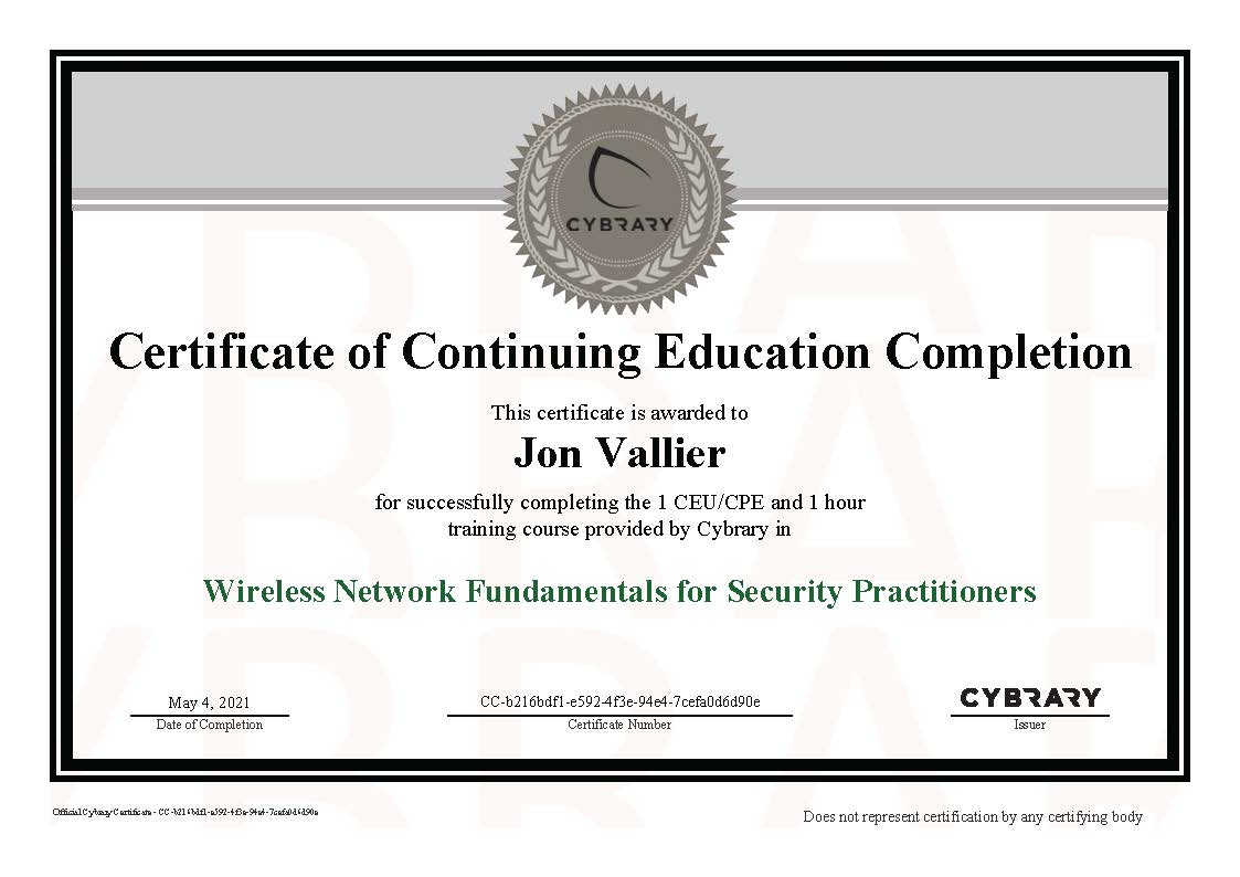 Finished “Wireless Network Fundamentals for Security Practitioners” on Cybrary.it